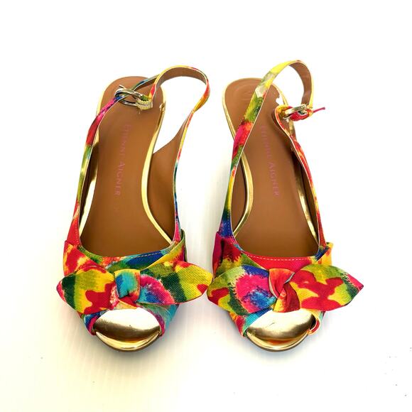 NEW Etienne Aigner Peep Toe Sling Back Heels Tropical Print Bow Women's Size 5.5 - Picture 8 of 9